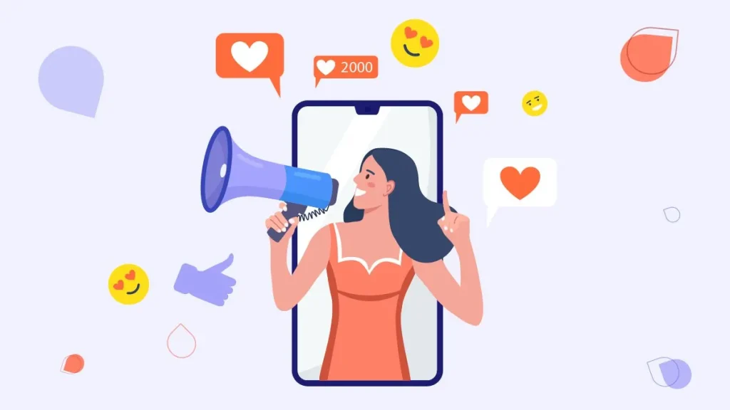 Clipart image of women in a phone with megaphone and social media icons